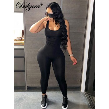 Solid Hollow Out Women Sleeveless Jumpsuit Skinny Bodycon Sexy Casual Sporty Fitness